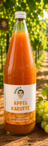 Produktfoto Apfel Karotte Heuriger Eine Glasflasche mit Apfel-Karottensaft von „Franzls Fruchtsäfte“ steht im Fokus auf einem rustikalen Holztisch in einem sonnendurchfluteten Heurigen-Weingarten. Im weich gezeichneten Hintergrund schimmern grüne Weinreben im warmen Nachmittagslicht. Neben der Flasche liegt eine frische Rebe grüner Trauben.