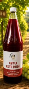 Produktfoto Apfel Rote Rübe Heuriger Eine Glasflasche mit Apfel-Rote Rüben-Saft von „Franzls Fruchtsäfte“ steht im Fokus auf einem rustikalen Holztisch in einem sonnendurchfluteten Heurigen-Weingarten. Im weich gezeichneten Hintergrund schimmern grüne Weinreben im warmen Nachmittagslicht. Neben der Flasche liegt eine frische Rebe grüner Trauben.
