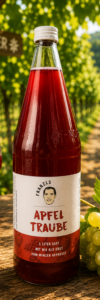 Produktfoto Apfel Traube Heuriger Eine Glasflasche mit Apfel-Traubensaft von „Franzls Fruchtsäfte“ steht im Fokus auf einem rustikalen Holztisch in einem sonnendurchfluteten Heurigen-Weingarten. Im weich gezeichneten Hintergrund schimmern grüne Weinreben im warmen Nachmittagslicht. Neben der Flasche liegt eine frische Rebe grüner Trauben.