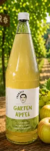 Produktfoto-Gartenapfel-Heuriger Eine Glasflasche mit Gartenapfel-Saft von „Franzls Fruchtsäfte“ steht im Fokus auf einem rustikalen Holztisch in einem sonnendurchfluteten Heurigen-Weingarten. Im weich gezeichneten Hintergrund schimmern grüne Weinreben im warmen Nachmittagslicht. Neben der Flasche liegt eine frische Rebe grüner Trauben.