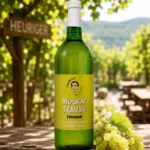 Eine grüne Glasflasche mit Traubensaft von „Franzls Fruchtsäfte“ steht im Fokus auf einem rustikalen Holztisch in einem sonnendurchfluteten Heurigen-Weingarten. Im weich gezeichneten Hintergrund schimmern grüne Weinreben im warmen Nachmittagslicht. Neben der Flasche liegt eine frische Rebe grüner Muskat-Trauben.