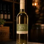 Weinflasche Sauvignon blanc Jahrgang 2024 auf dunklem Schiefer in einem Weinkeller.