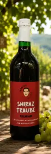 Produktfoto-Shiraz-Traube-Premium-Heuriger Eine Glasflasche mit Shiraz Traubensaft von „Franzls Fruchtsäfte“ steht im Fokus auf einem rustikalen Holztisch in einem sonnendurchfluteten Heurigen-Weingarten. Im weich gezeichneten Hintergrund schimmern grüne Weinreben im warmen Nachmittagslicht. Neben der Flasche liegt eine frische Rebe grüner Trauben.