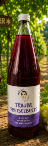 Produktfoto Traube Preiselbeer Heuriger Eine Glasflasche mit Traube-Preiselbeersaft von „Franzls Fruchtsäfte“ steht im Fokus auf einem rustikalen Holztisch in einem sonnendurchfluteten Heurigen-Weingarten. Im weich gezeichneten Hintergrund schimmern grüne Weinreben im warmen Nachmittagslicht. Neben der Flasche liegt eine frische Rebe grüner Trauben.