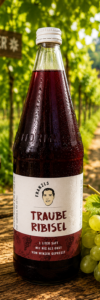 Produktfoto Traube Ribisel Heuriger Eine Glasflasche mit Traube-Ribiselsaft von „Franzls Fruchtsäfte“ steht im Fokus auf einem rustikalen Holztisch in einem sonnendurchfluteten Heurigen-Weingarten. Im weich gezeichneten Hintergrund schimmern grüne Weinreben im warmen Nachmittagslicht. Neben der Flasche liegt eine frische Rebe grüner Trauben.